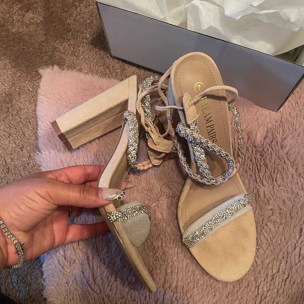 Dream Paris nude with rhinestones Strappy chunky Heels